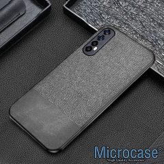 Realme 7 Fabrik Serisi Kumaş ve Deri Desen Kılıf - Gri