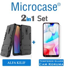 Microcase Xiaomi Redmi 8 Alfa Serisi Armor Standlı Perfect Koruma Kılıf - Siyah + Tempered Glass Cam Koruma