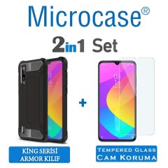 Microcase Xiaomi Mi CC9e - Mi A3 King Serisi Armor Perfect Koruma Kılıf Siyah + Tempered Glass Cam Koruma (SEÇENEKLİ)