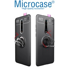 Microcase Redmi K20 - K20 Pro Focus Serisi Yüzük Standlı Silikon Kılıf - Siyah + Tempered Glass Cam Koruma