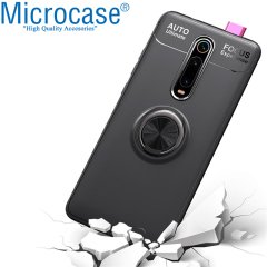 Microcase Redmi K20 - K20 Pro Focus Serisi Yüzük Standlı Silikon Kılıf - Siyah + Tempered Glass Cam Koruma