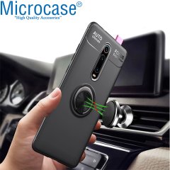 Microcase Redmi K20 - K20 Pro Focus Serisi Yüzük Standlı Silikon Kılıf - Siyah + Tempered Glass Cam Koruma