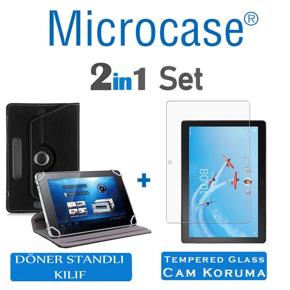 Microcase Lenovo Tab P10 TB-X705L TB-X705F 10.1 inch Tablet Universal Döner Standlı Kılıf - Siyah + Tempered Glass Cam Koruma