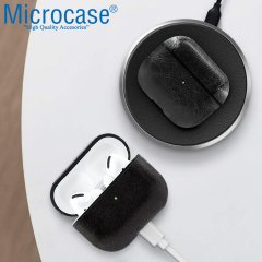 Microcase Airpods Pro Kulaklık ve Şarj Ünitesi için Deri Kılıf - Siyah