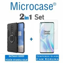 Microcase Oneplus 8 Batman Serisi Yüzük Standlı Armor Kılıf - Siyah + Tempered Glass Cam Koruma