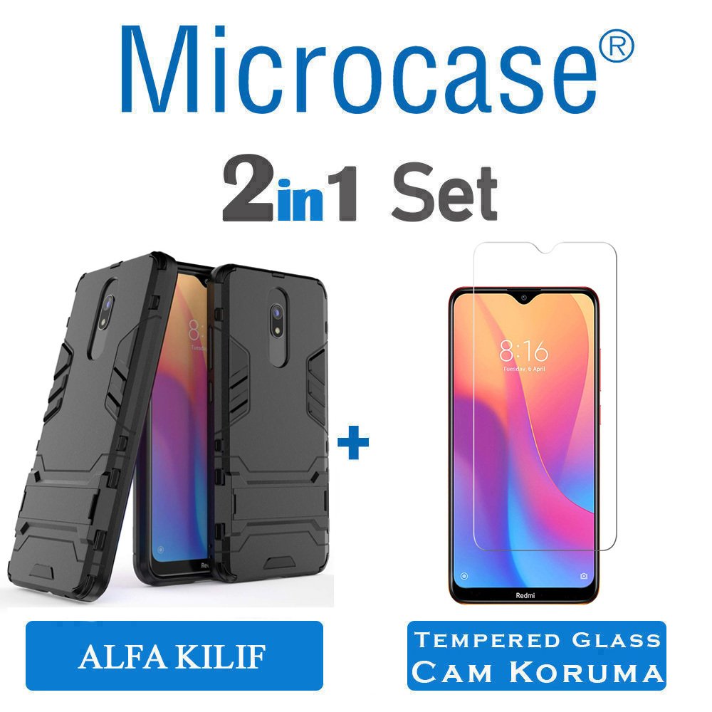Microcase Xiaomi Redmi 8A Alfa Serisi Armor Standlı Perfect Koruma Kılıf - Siyah + Tempered Glass Cam Koruma