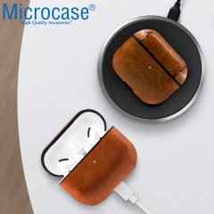 Microcase Airpods Pro Kulaklık ve Şarj Ünitesi için Deri Kılıf - Kahverengi