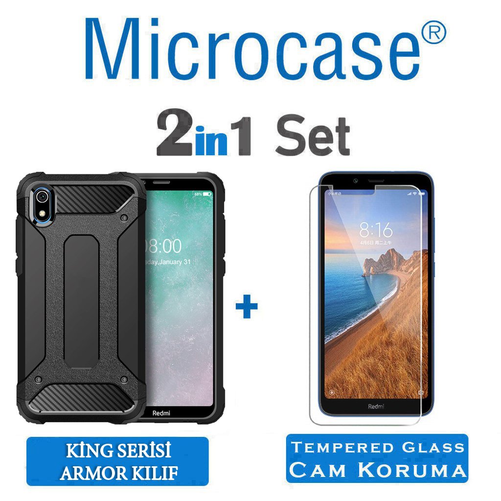 Microcase Xiaomi Redmi 7A King Serisi Armor Perfect Koruma Kılıf Siyah + Tempered Glass Cam Koruma (SEÇENEKLİ)