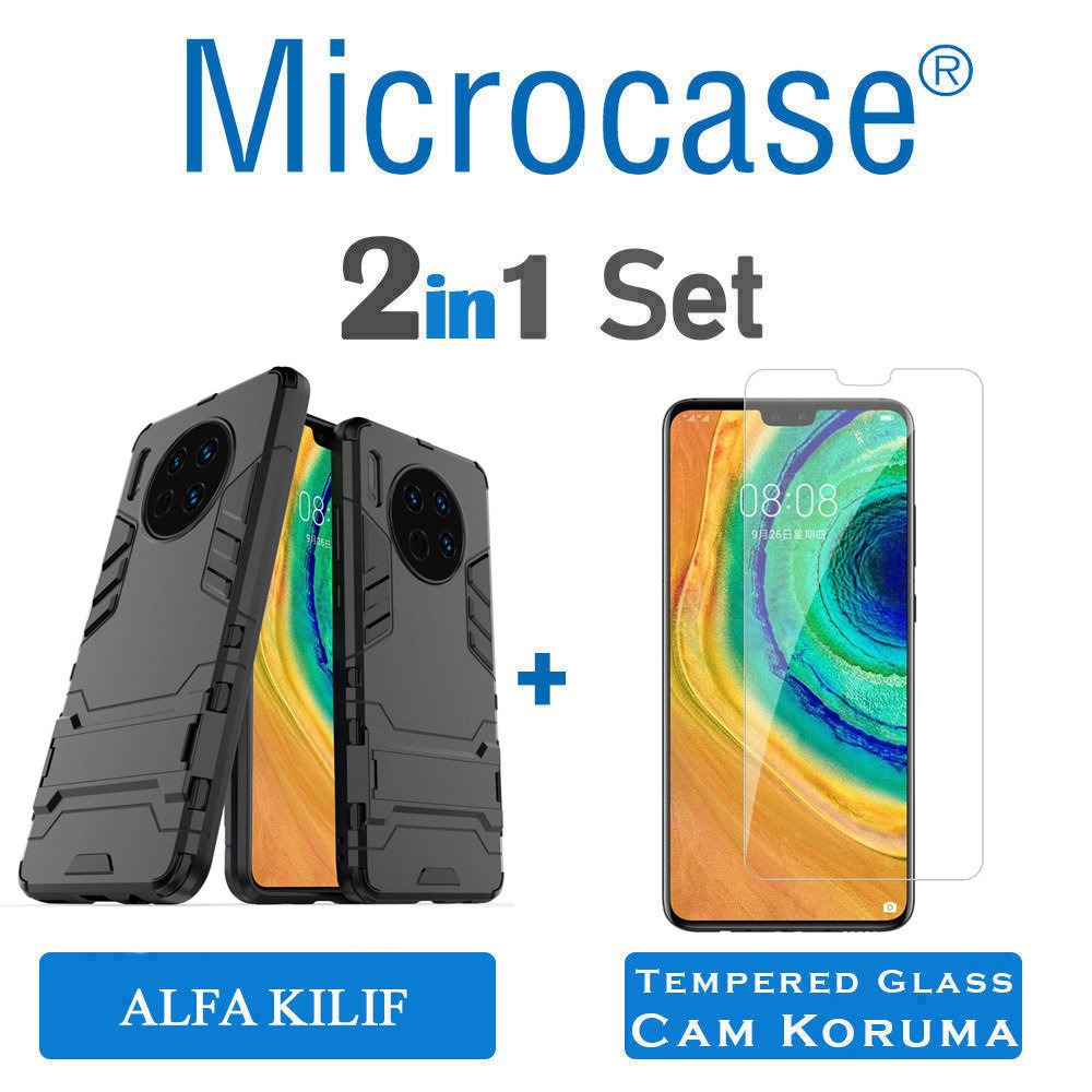 Microcase Huawei Mate 30 Alfa Serisi Armor Standlı Perfect Koruma Kılıf - Siyah + Tempered Glass Cam Koruma