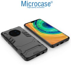 Microcase Huawei Mate 30 Alfa Serisi Armor Standlı Perfect Koruma Kılıf - Siyah + Tempered Glass Cam Koruma