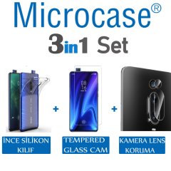 Microcase Xiaomi Mi 9T - Mi 9T Pro 0.2 mm İnce Silikon Kılıf + Tempered Glass Cam + Kamera Camı Lens Koruyucu