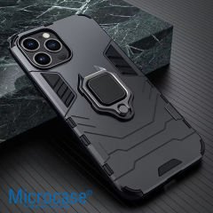Microcase Iphone 16 Pro ile Uyumlu Batman Serisi Yüzük Standlı Armor Kılıf - Siyah AL3349