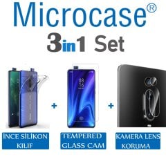 Microcase Xiaomi Redmi K20 - Redmi K20 Pro 0.2 mm İnce Silikon Kılıf + Tempered Glass Cam + Kamera Camı Lens Koruyucu