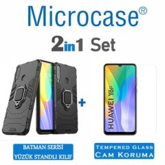 Microcase Huawei Y6P / Honor 9S Batman Serisi Yüzük Standlı Armor Kılıf - Siyah + Tempered Glass Cam Koruma
