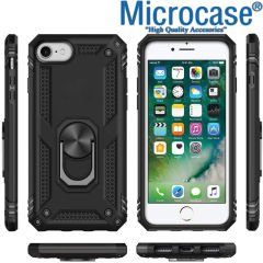 Microcase İphone SE 2020 Anka Serisi Yüzük Standlı Armor Kılıf Siyah+Tempered Glass Cam Koruma