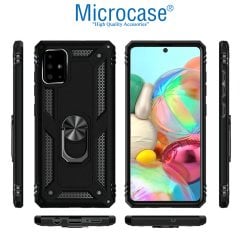 Microcase İphone SE 2020 Anka Serisi Yüzük Standlı Armor Kılıf Siyah+Tempered Glass Cam Koruma