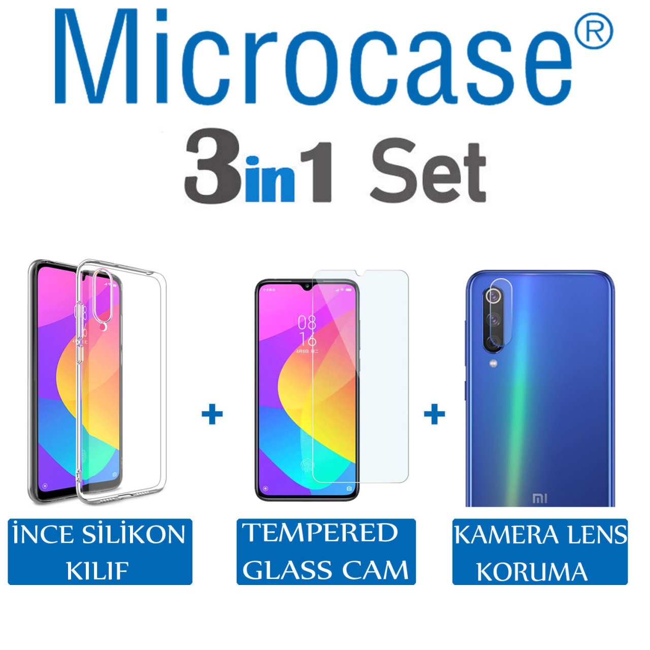 Microcase Xiaomi Mi 9 Lite 0.2 mm İnce Silikon Kılıf + Tempered Glass Cam + Kamera Camı Lens Koruyucu