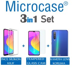 Microcase Xiaomi Mi 9 Lite 0.2 mm İnce Silikon Kılıf + Tempered Glass Cam + Kamera Camı Lens Koruyucu