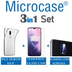 Microcase OnePlus 7 0.2 mm İnce Silikon Kılıf + Tempered Glass Cam + Kamera Camı Lens Koruyucu