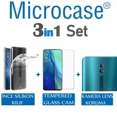 Microcase Oppo Reno 0.2 mm İnce Silikon Kılıf + Tempered Glass Cam + Kamera Camı Lens Koruyucu