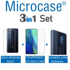 Microcase Oppo Reno 10x Zoom 0.2 mm İnce Silikon Kılıf + Tempered Glass Cam + Kamera Camı Lens Koruyucu