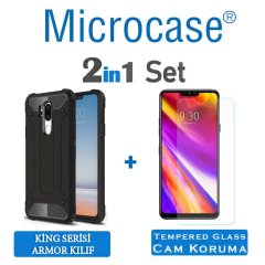 Microcase LG G7 King Serisi Armor Perfect Koruma Kılıf Siyah + Tempered Glass Cam Koruma (SEÇENEKLİ)