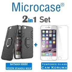 Microcase iPhone 6 Plus - iPhone 6s Plus Batman Serisi Yüzük Standlı Armor Kılıf - Siyah + Tempered Glass Cam Koruma