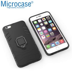 Microcase iPhone 6 Plus - iPhone 6s Plus Batman Serisi Yüzük Standlı Armor Kılıf - Siyah + Tempered Glass Cam Koruma