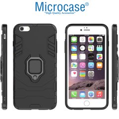 Microcase iPhone 6 Plus - iPhone 6s Plus Batman Serisi Yüzük Standlı Armor Kılıf - Siyah + Tempered Glass Cam Koruma