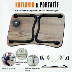 Microcase Portatif Atlantik Çam Tablet ve Bardak Tutuculu Laptop Sehpası Katlanabilir Çalışma Masası Kahvaltı Masası AL4231 Siyah