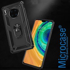 Microcase Huawei Mate 30 Anka Serisi Yüzük Standlı Armor Kılıf Siyah+Tempered Glass Cam Koruma