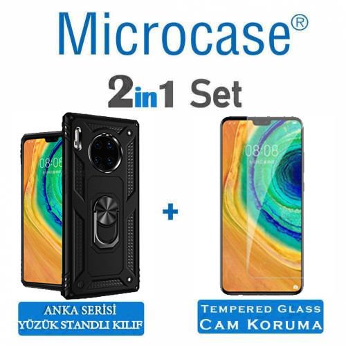 Microcase Huawei Mate 30 Anka Serisi Yüzük Standlı Armor Kılıf Siyah+Tempered Glass Cam Koruma