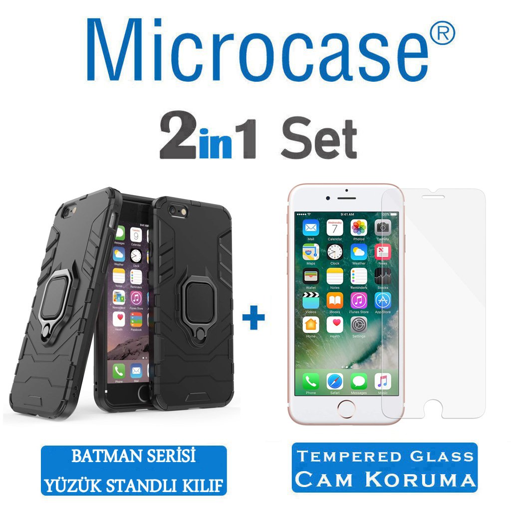 Microcase iPhone 7 Batman Serisi Yüzük Standlı Armor Kılıf - Siyah + Tempered Glass Cam Koruma