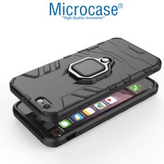 Microcase iPhone 7 Batman Serisi Yüzük Standlı Armor Kılıf - Siyah + Tempered Glass Cam Koruma