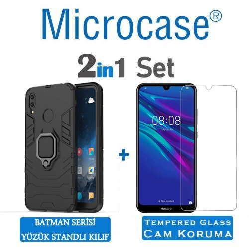 Microcase Huawei Y7 2019 Batman Serisi Yüzük Standlı Armor Kılıf - Siyah + Tempered Glass Cam Koruma