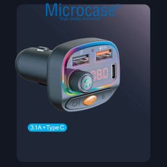 Microcase RGB Bluetooth FM Transmitter Araç Şarj Wireless Çift USB Giriş Type-C - AL3203