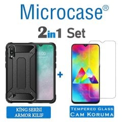 Microcase Samsung Galaxy M10 King Serisi Armor Perfect Koruma Kılıf Siyah + Tempered Glass Cam Koruma (SEÇENEKLİ)