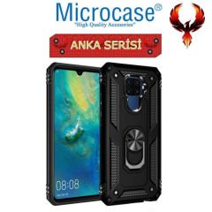 Microcase Huawei Mate 30 Lite Anka Serisi Yüzük Standlı Armor Kılıf Siyah+Tempered Glass Cam Koruma