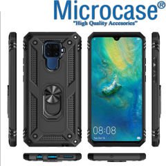 Microcase Huawei Mate 30 Lite Anka Serisi Yüzük Standlı Armor Kılıf Siyah+Tempered Glass Cam Koruma