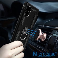 Microcase Huawei Mate 30 Lite Anka Serisi Yüzük Standlı Armor Kılıf Siyah+Tempered Glass Cam Koruma