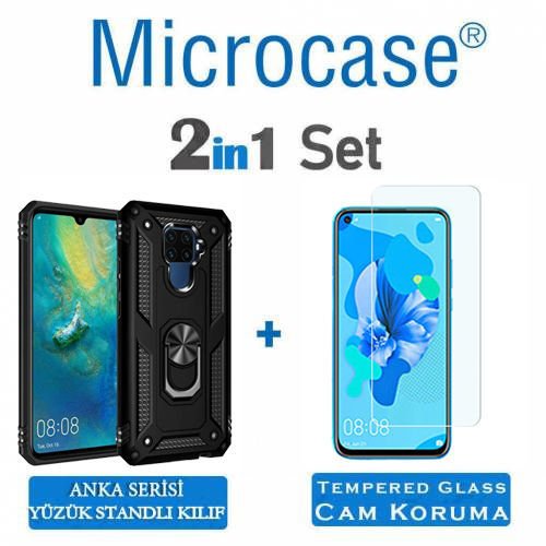 Microcase Huawei Mate 30 Lite Anka Serisi Yüzük Standlı Armor Kılıf Siyah+Tempered Glass Cam Koruma