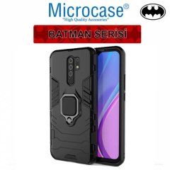 Microcase Xiaomi Redmi 9 Batman Serisi Yüzük Standlı Armor Kılıf - Siyah + Tempered Glass Cam Koruma