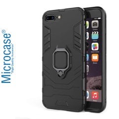 Microcase iPhone 8 Plus Batman Serisi Yüzük Standlı Armor Kılıf - Siyah + Tempered Glass Cam Koruma