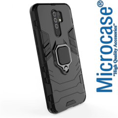 Microcase Xiaomi Redmi 9 Batman Serisi Yüzük Standlı Armor Kılıf - Siyah + Tempered Glass Cam Koruma