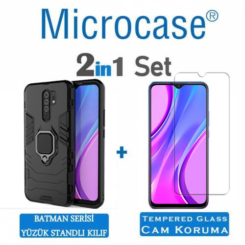 Microcase Xiaomi Redmi 9 Batman Serisi Yüzük Standlı Armor Kılıf - Siyah + Tempered Glass Cam Koruma