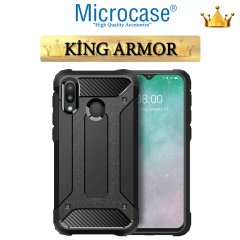 Microcase Samsung Galaxy M20 King Serisi Armor Perfect Koruma Kılıf Siyah + Tempered Glass Cam Koruma (SEÇENEKLİ)