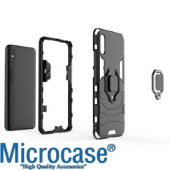 Microcase Xiaomi Redmi 9A Batman Serisi Yüzük Standlı Armor Kılıf - Siyah + Tempered Glass Cam Koruma