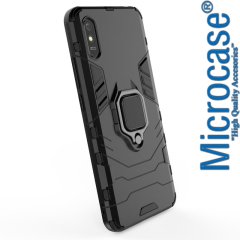 Microcase Xiaomi Redmi 9A Batman Serisi Yüzük Standlı Armor Kılıf - Siyah + Tempered Glass Cam Koruma