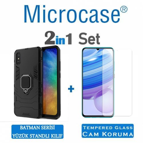 Microcase Xiaomi Redmi 9A Batman Serisi Yüzük Standlı Armor Kılıf - Siyah + Tempered Glass Cam Koruma