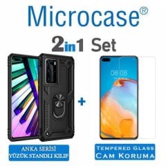 Microcase Huawei P40 Anka Serisi Yüzük Standlı Armor Kılıf Siyah+Tempered Glass Cam Koruma